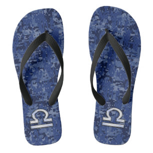 Libra Zodiac Symbol on Blue Digital Camouflage Flip Flops