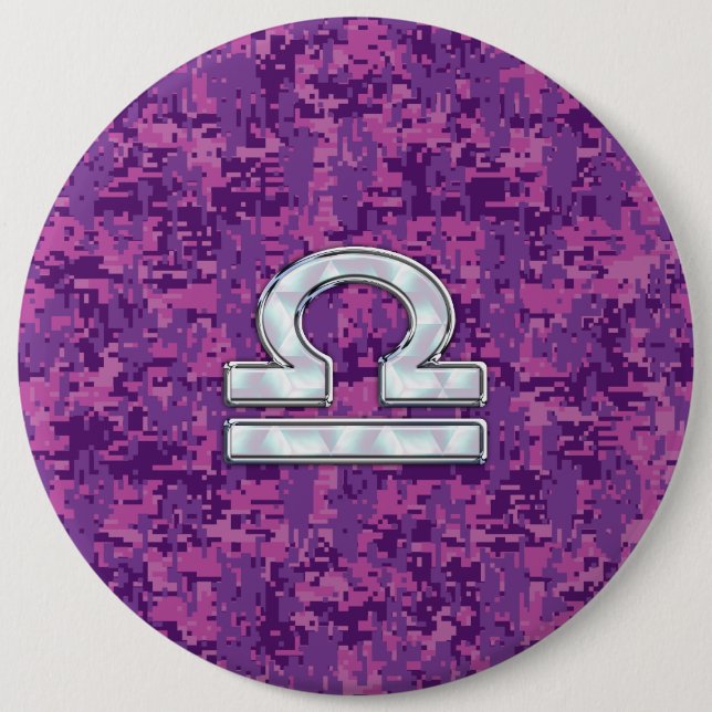 Libra Zodiac Symbol on Fuchsia Digital Camo 6 Inch Round Button (Front)