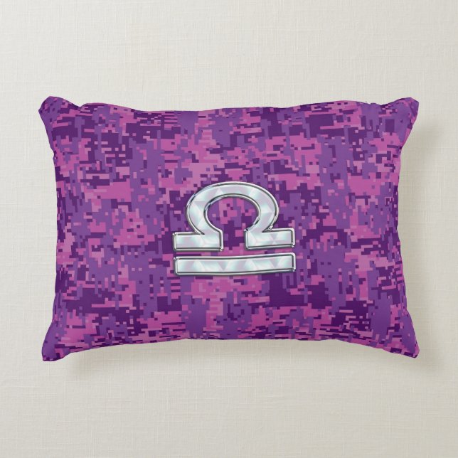 Libra Zodiac Symbol on Fuchsia Digital Camo Accent Pillow (Front)