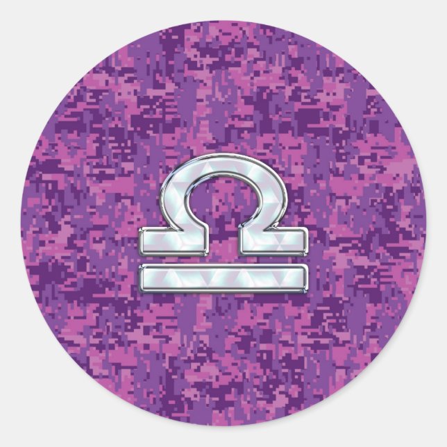 Libra Zodiac Symbol on Fuchsia Digital Camo Classic Round Sticker (Front)