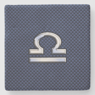 Libra Zodiac Symbol on Navy Blue Carbon Fibre Stone Coaster
