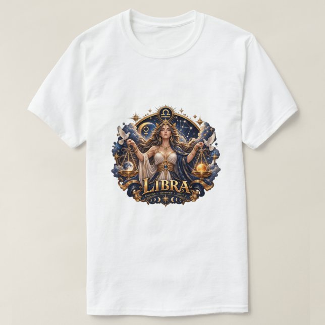 Libra Zodiac T-Shirt – Mechanical Celestial Scales (Design Front)