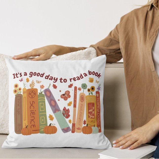 Librarian book Lovers Orange Pumpkin & Fall Leaves Throw Pillow (Librarian book Lovers wight Pillow Natural color, cute orange pumpkin, fall/autumn, Its A Good Day )