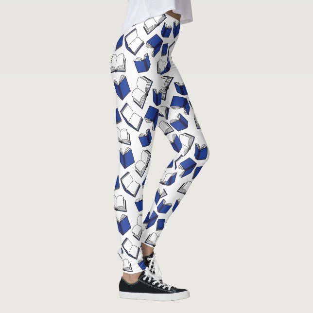Librarian Book Reader Blue and White Books Pattern Leggings (Right)