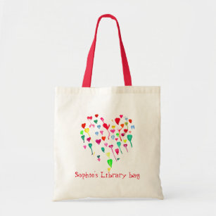 Library bag with kid's name cute hearts art