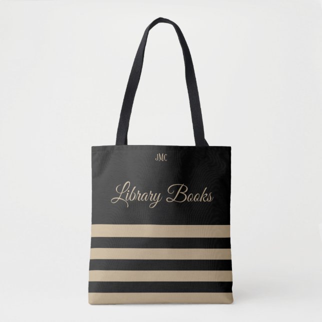 Library Black and Tan Stripe Monogram Tote (Front)