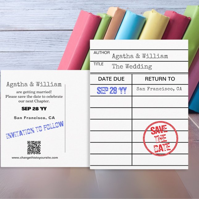 Library Book Checkout Card Save the Date Postcard (Library Book Checkout Card Wedding Save the Date Postcard)