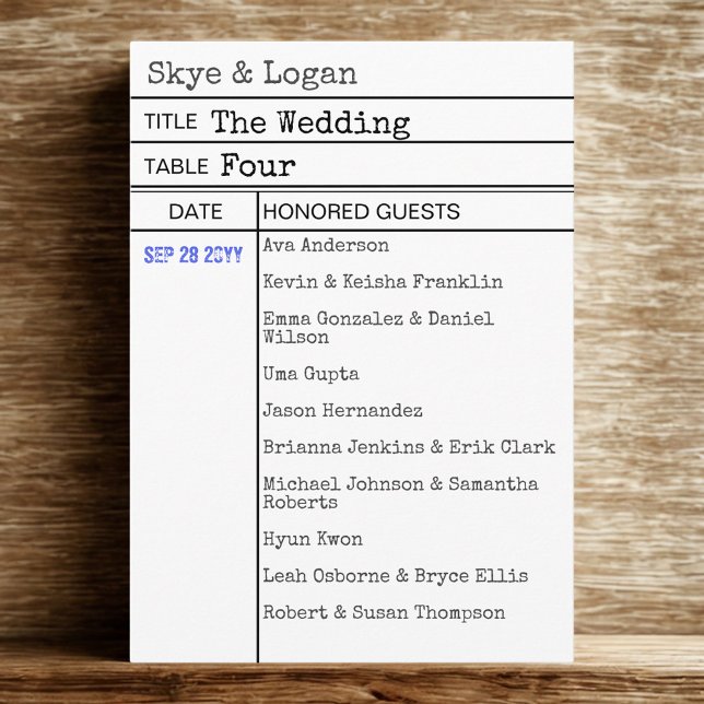 Library Book Checkout Card Wedding Seating Card (Help your guests to their table in bookish style with this library checkout card seating card.)
