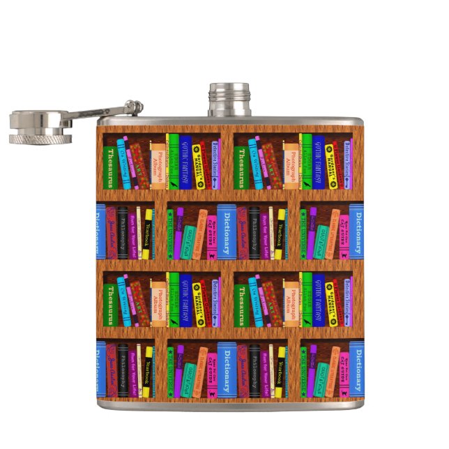 Library Book Shelf Pattern for Readers Hip Flask (Opened)
