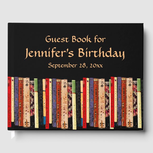 Library Books Abstract Birthday Party Guest Book (Front)