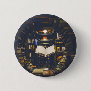 Library Books Shelves Open Book Read 2 Inch Round Button