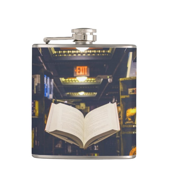 Library Books Shelves Open Book Read Hip Flask (Front)