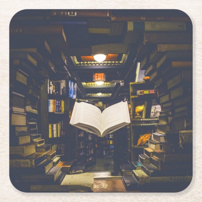 Library Books Shelves Open Book Read Square Paper Coaster (Front)