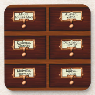 Library Books Wood Card Catalogue Drawers Reading Coaster