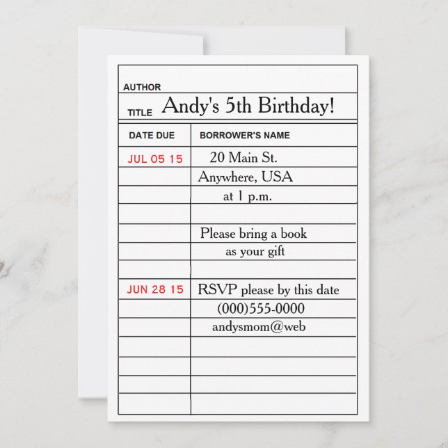 "Library Card" Birthday Party Invitations (Front)