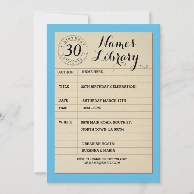 Library Card Book Birthday Party Blue Invite (Front)