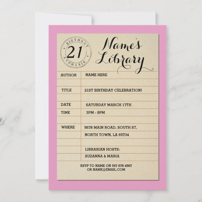 Library Card Book Birthday Party Pink Invite (Front)