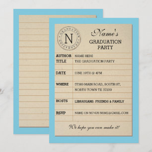 Library Card Graduation Party Blue Book Invite