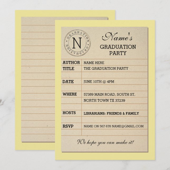 Library Card Graduation Party Yellow Book Invite (Front/Back)
