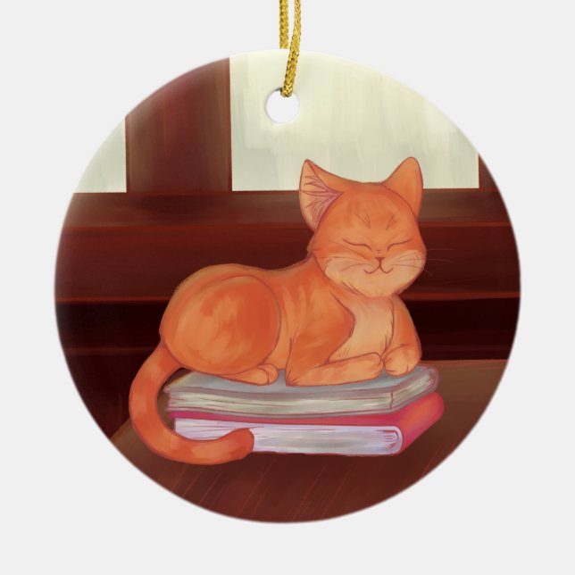 Library Cat Ceramic Ornament (Front)