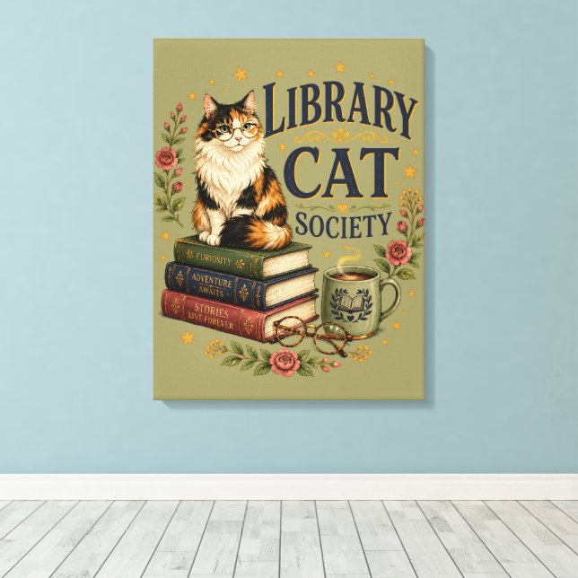 Library Cat Society Bookish Calico Canvas Print (Insitu(Wood Floor))