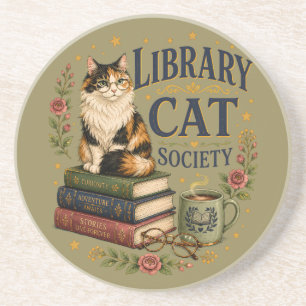 Library Cat Society Bookish Calico Coaster