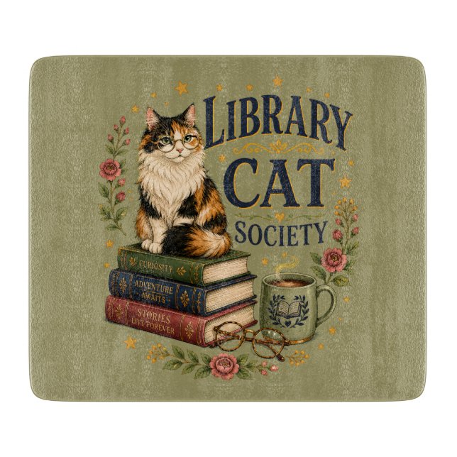 Library Cat Society Bookish Calico Cutting Board (Front)