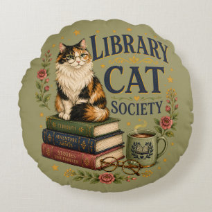 Library Cat Society Bookish Calico Round Pillow