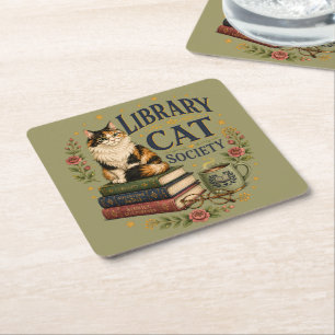Library Cat Society Bookish Calico Square Paper Coaster