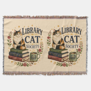 Library Cat Society Bookish Calico Throw Blanket