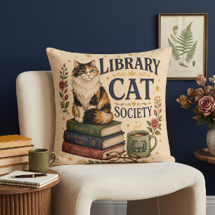 Library Cat Society Bookish Calico Throw Pillow