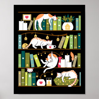 Library cats - whimsical cats on the book shelves poster