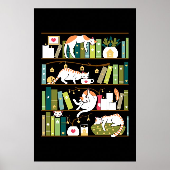 Library cats - whimsical cats on the book shelves poster (Front)