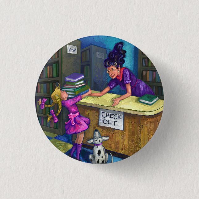 Library Check Out Artwork 1 Inch Round Button (Front)