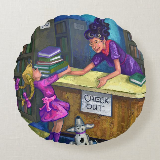 Library Check Out Artwork Round Pillow (Front)