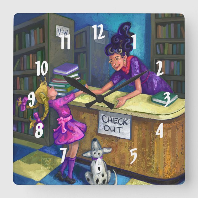 Library Check Out Square Wall Clock (Front)