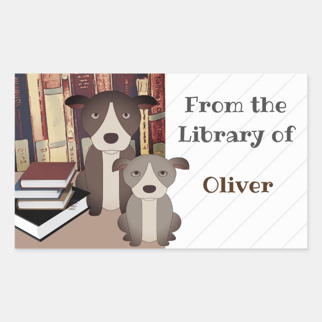 LIBRARY DOG.  BOOKS.  CUTE DOGS. BOOKPLATE NAME STICKER (Front)