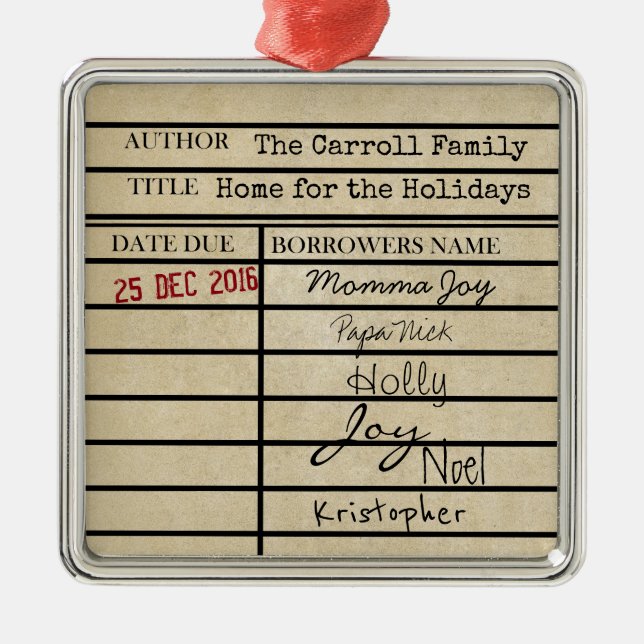 Library Due Date Family Christmas Ornament (Front)