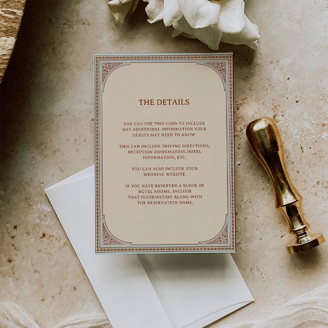Library | Elegant Vintage Frame Wedding Details Enclosure Card (A vintage, Victorian inspired wedding detail card in neutral tones with ornate borders)