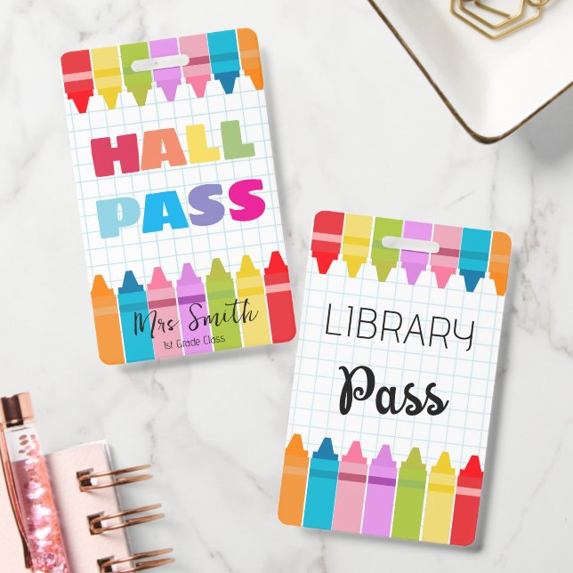Library Hall Pass Crayon Border Lanyard Badge (Office)