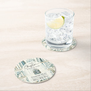 Library New Chapter Blue Boy Book Baby Shower Round Paper Coaster