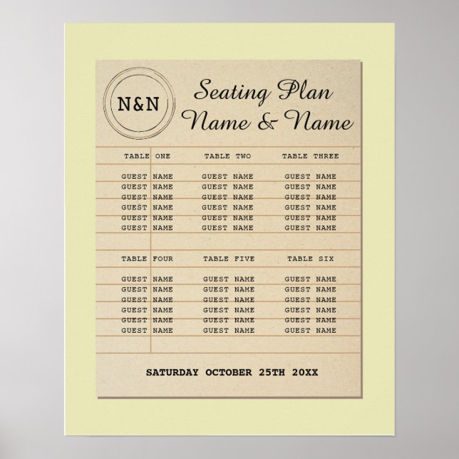 Library Table Wedding Author Poster Seating Yellow (Front)