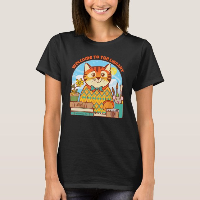 Library Welcome Tiger Cat and Mouse T-Shirt (Front)