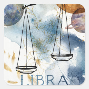 Libras scales birthday zodiac astrology blue gold square sticker