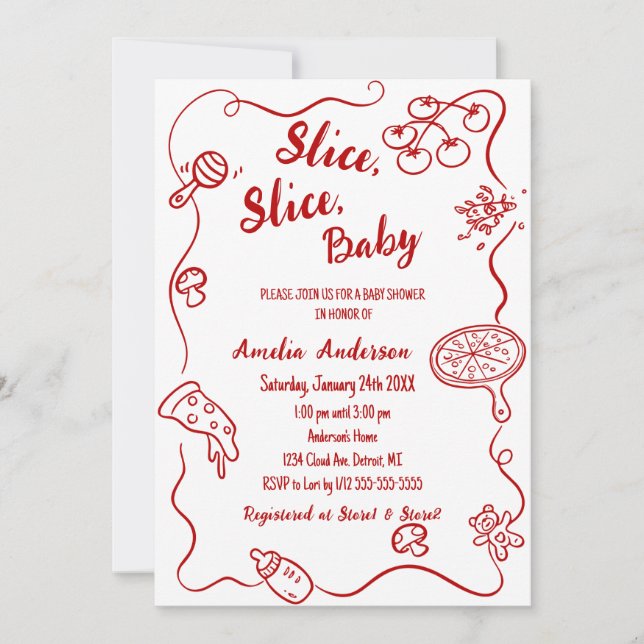 lice Slice Baby | Red Doodle Pizza Baby Shower Invitation (Front)