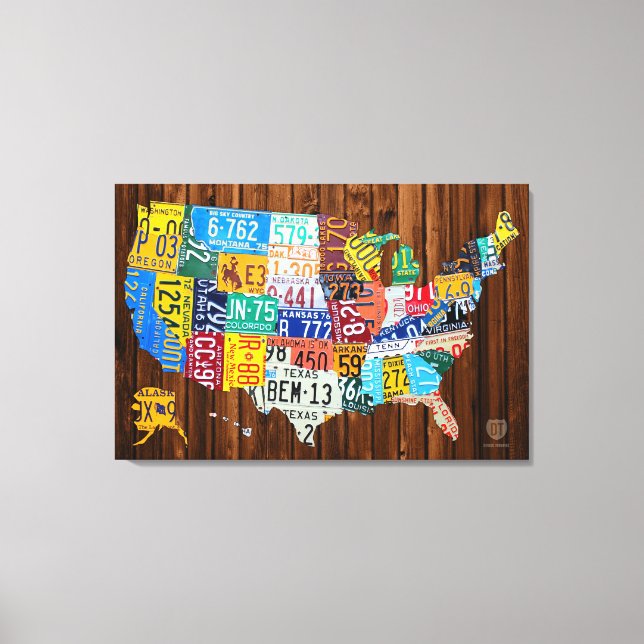 License Plate Map of The United States on Pine Canvas Print (Front)