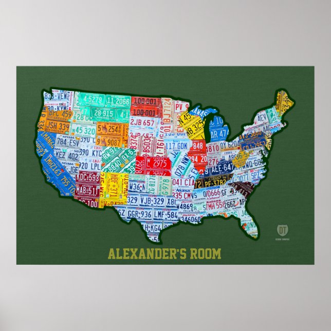 License Plate Map of the USA on Green Custom Text Poster (Front)