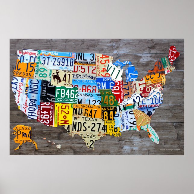 License Plate Map of the USA on Grey Wood 2016 Poster (Front)