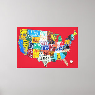 License Plate Map of the USA Red Canvas Print V2