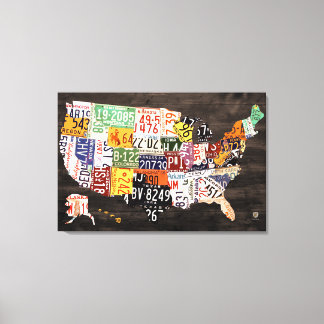 License Plate Map of The USA - Warm Colours / Blac Canvas Print